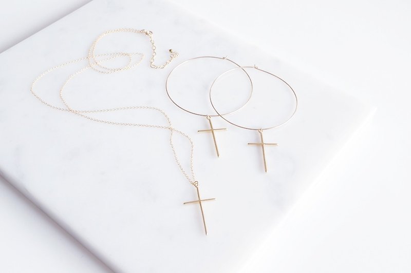 【14KGF】Long Necklace,Matt Gold Skinny Cross - Long Necklaces - Other Metals Gold