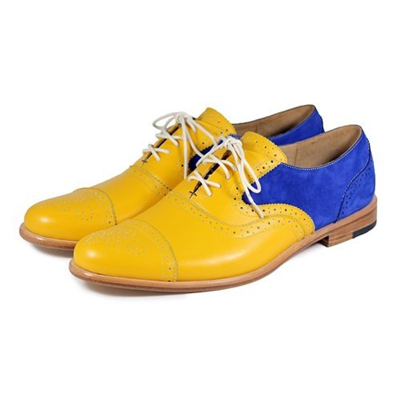 Sweet Villians M1093B 手工真皮雕花雙色牛津鞋 黃寶藍 - 男牛津鞋/樂福鞋 - 真皮 黃色
