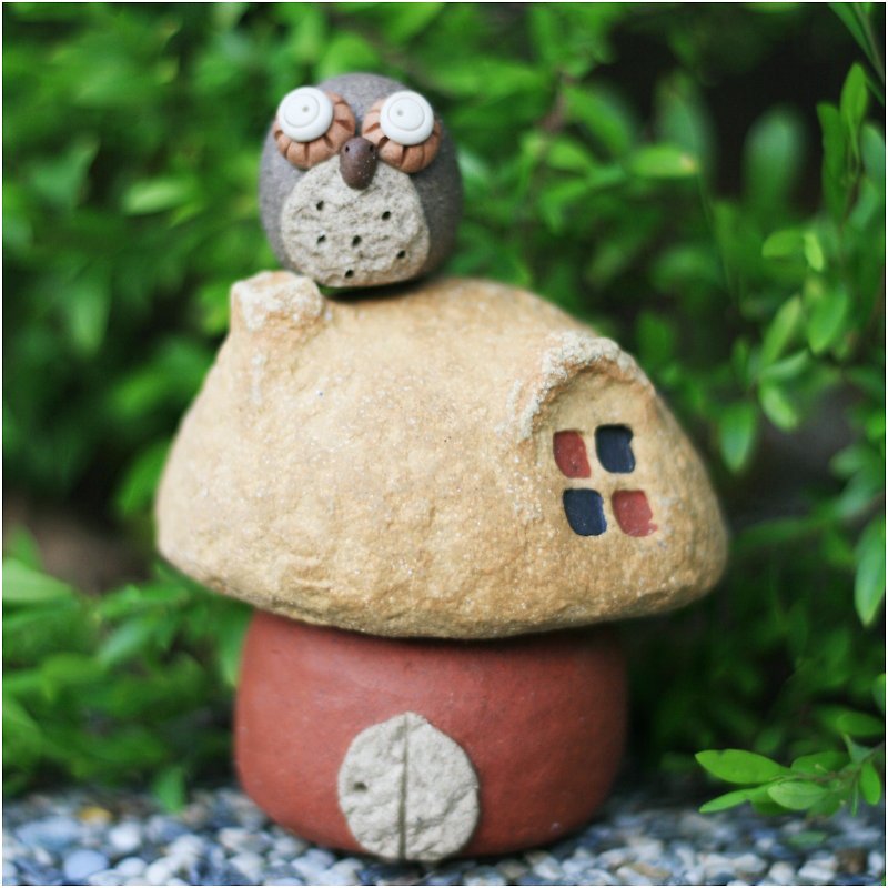 Mushroom Village Super Cute Pottery Hand-made Mushroom House E (rocky yellow + red), without owls - Pottery & Ceramics - Other Materials 