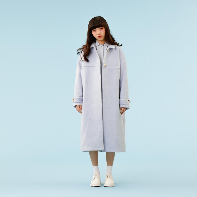Small collar cashmere cocoon-shaped long coat - Women's Casual & Functional Jackets - Wool Blue