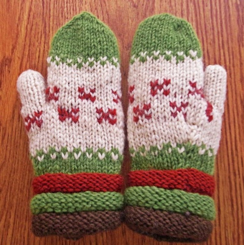 Pure wool knit gloves Hand-made in Nepal (stereo _ Green) - ถุงมือ - วัสดุอื่นๆ สีเขียว