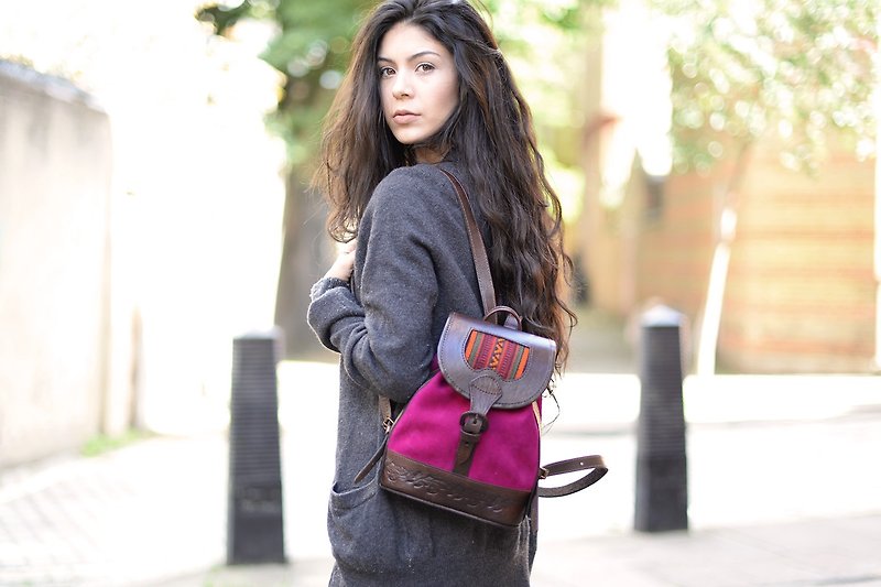 Bambina Ethnic Suede Handmade Mini Backpack Peach - Backpacks - Genuine Leather Purple