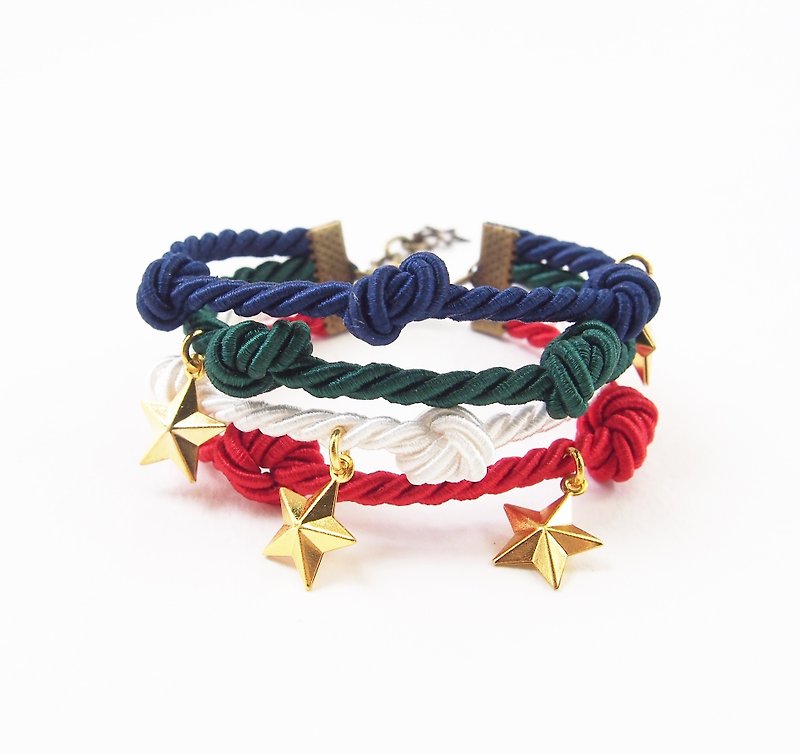 Navy blue /green/white/red rope bracelet with gold star charm - สร้อยข้อมือ - วัสดุอื่นๆ หลากหลายสี