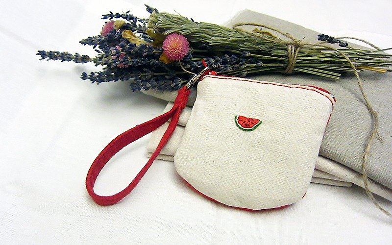 100% PURE Fruits semicircular horseshoe embroidery purse / watermelon - Coin Purses - Thread Red