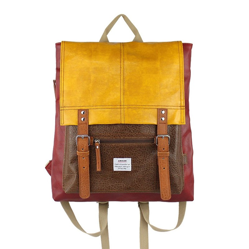 AMINAH-Dark Red Schoolbag Backpack【am-0254】 - กระเป๋าเป้สะพายหลัง - หนังเทียม สีแดง