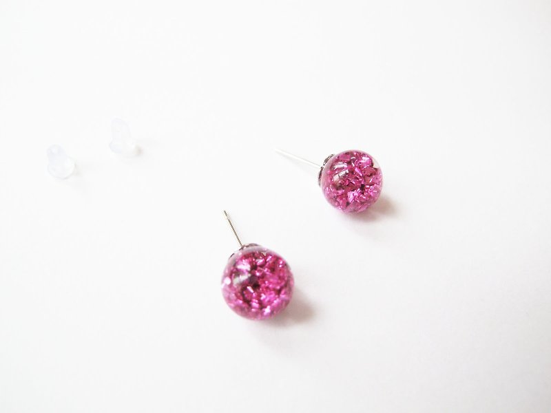 * Rosy Garden * Pink Planet Gravel Ore Shaped Flow Crystal Glass Ball Earrings - ต่างหู - แก้ว สึชมพู
