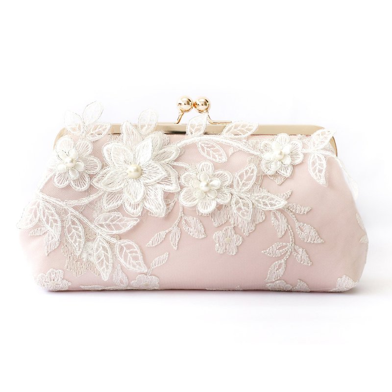 Bridal Clutch with Magnolia Flower Vine Lace in Blush Pink and Gold - Clutch Bags - Other Materials Pink