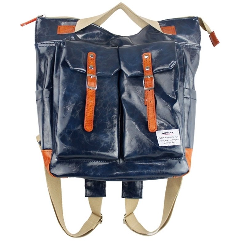AMINAH-"Free" glossy blue back backpack【am-0259】 - กระเป๋าเป้สะพายหลัง - หนังเทียม สีน้ำเงิน