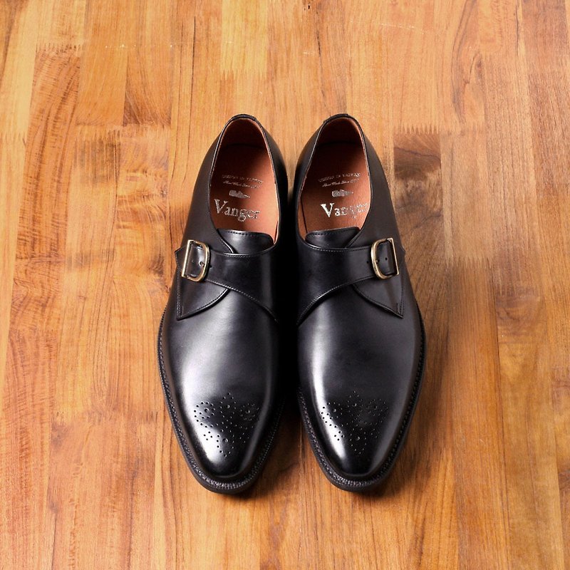 米国‧Vangerは、エレガントな古典的なさわやかなミニマリストの単一のボタンムンクは台湾でVa204黒の靴を刻ん - スリッポン メンズ - 革 ブラック