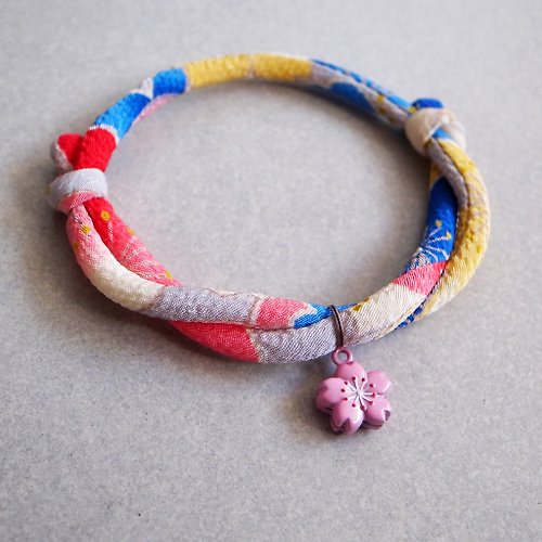 犬猫首輪製作所 日本犬貓和布頸圈 項圈(可調式)--赤青+粉櫻鈴鐺(貓用安全扣項圈)