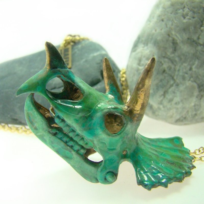 Triceratops skull pendant in brass with green patina  color ,Rocker jewelry ,Skull jewelry,Biker jewelry - Necklaces - Other Metals 