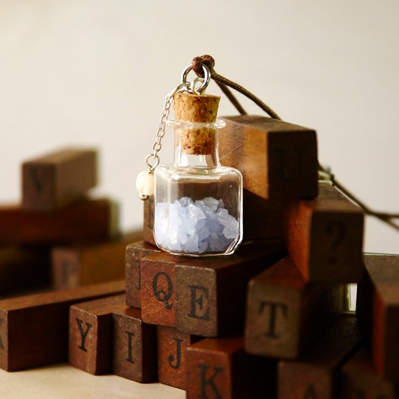 Handmade fluorescent little stone in mini bell jar glass Necklace with string, ready to ship - Necklaces - Glass Blue