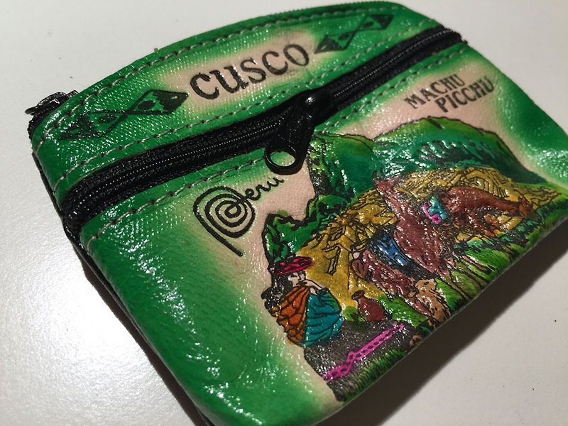多彩祕魯復古圖紋拉鍊零錢/置物包-綠 - 零錢包/小錢包 - 真皮 綠色