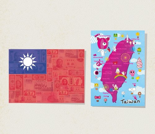 小白襪 BuyWowPuP 鈔票國旗C+飛行臺灣D 明信片組(兩入)
