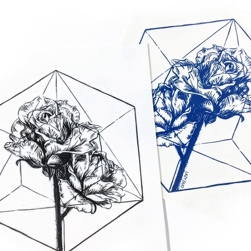 Polygon Geometry Diamond Stars Rose Floral Flower Temporary Tattoo Stickers Fake - Temporary Tattoos - Paper Blue