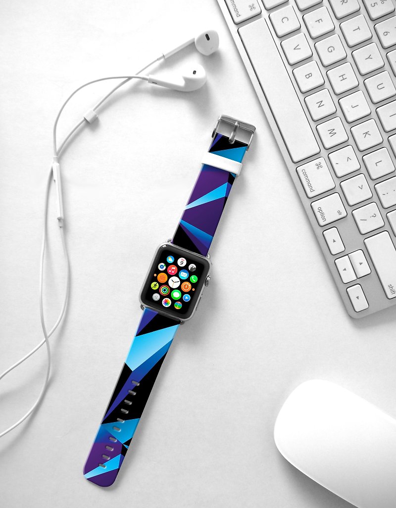 Apple Watch Series 1 , Series 2, Series 3 - Blue Geometric Pattern Watch Strap Band for Apple Watch / Apple Watch Sport - 38 mm / 42 mm avilable - สายนาฬิกา - หนังแท้ 