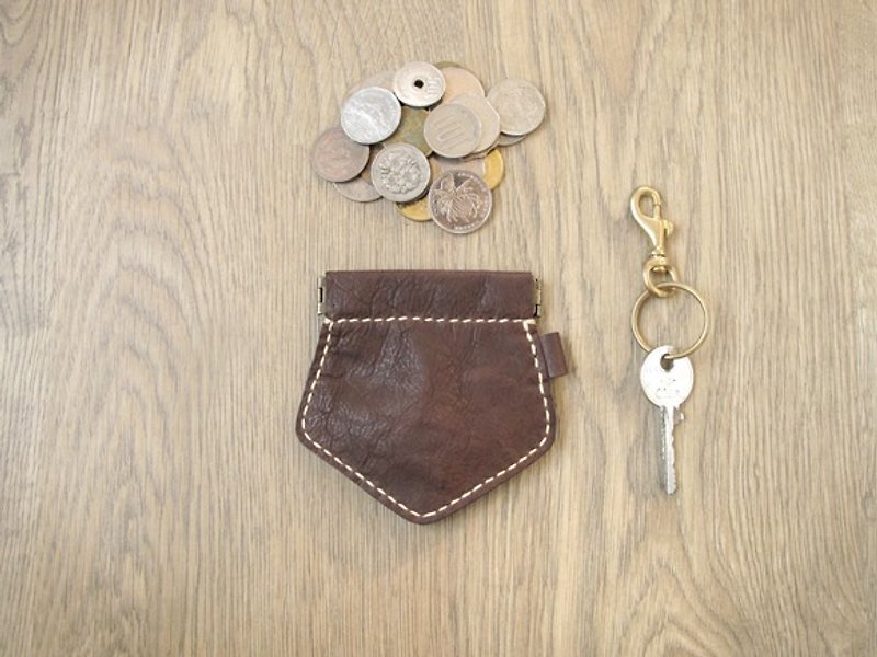 盾牌型彈口零錢包/鑰匙圈/鑰匙包x義大利皮革 - 零錢包/小錢包 - 真皮 咖啡色