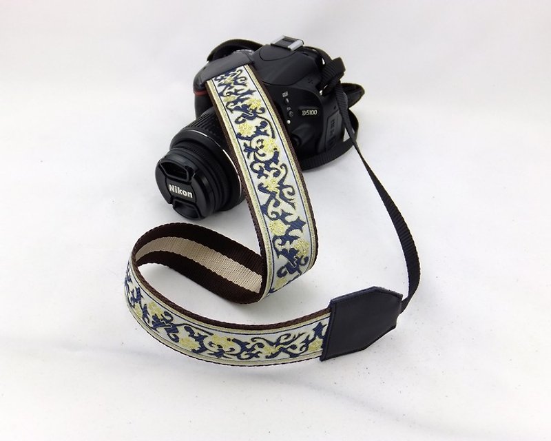 相機背帶 個性客製 可印字 真皮拼接 刺繡花紋 青花瓷 民族風027 - 相機背帶 - 紙 藍色