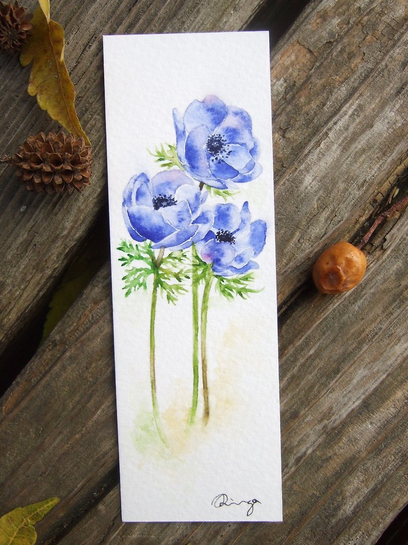 Purple anemones - hand-painted watercolor bookmark (original) - การ์ด/โปสการ์ด - กระดาษ สีน้ำเงิน