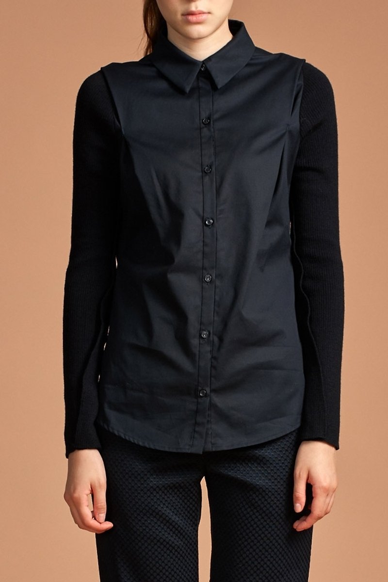Wool Sleeve Shirt - เสื้อเชิ้ตผู้หญิง - ผ้าฝ้าย/ผ้าลินิน สีดำ