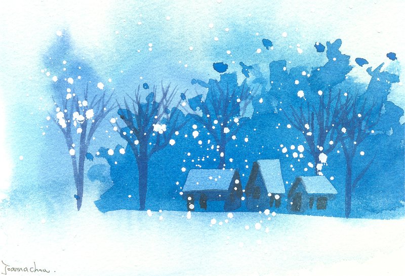聖誕卡片「療癒系樹林系列1-89」水彩手繪限量版明信片/賀卡 - カード・はがき - 紙 ブルー