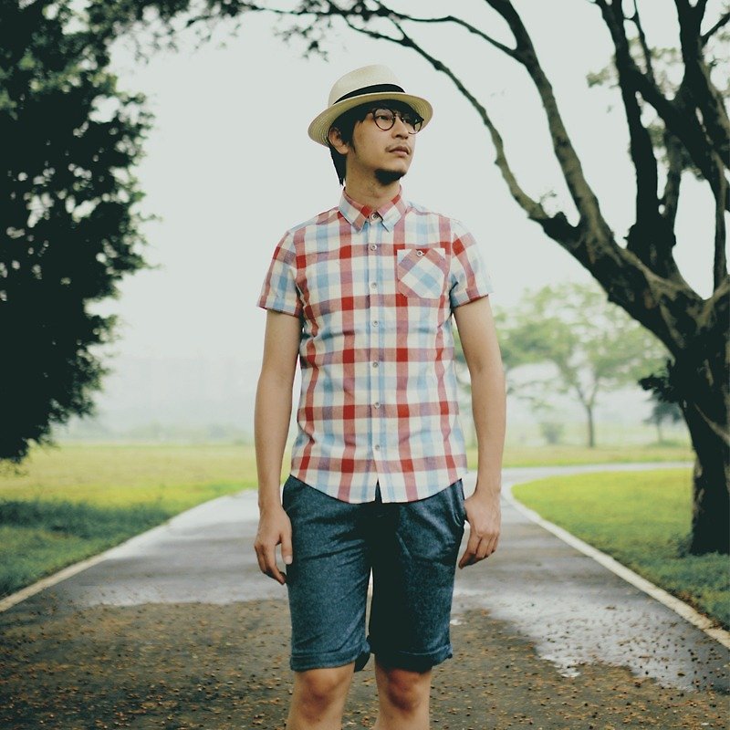 日本手織布格紋短袖襯衫 - 男襯衫/休閒襯衫 - 其他材質 多色