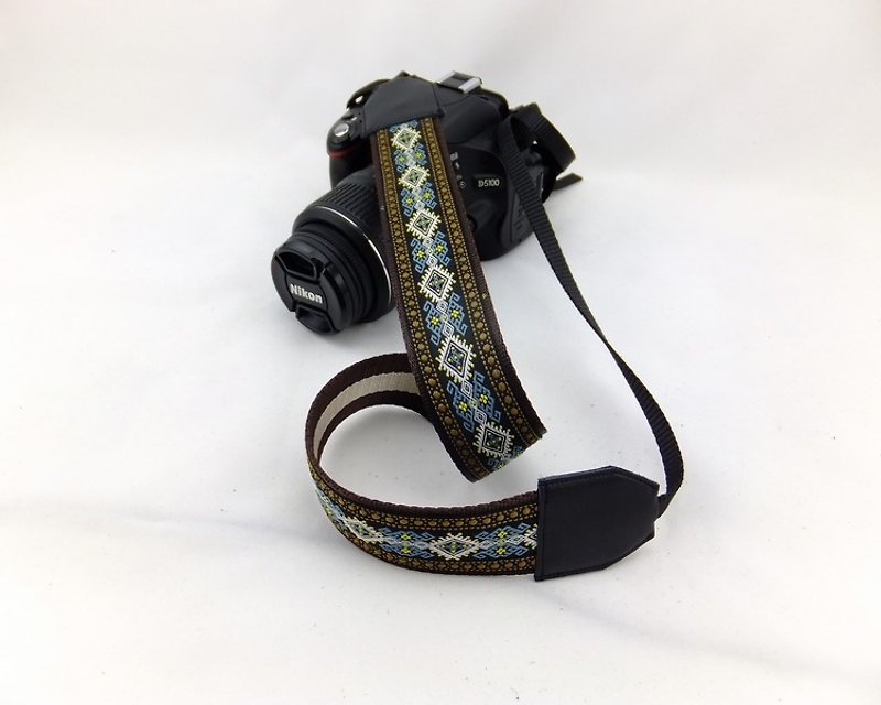 Camera strap can print personalized custom leather stitching national wind embroidery pattern 012 - ขาตั้งกล้อง - หนังแท้ สีน้ำเงิน