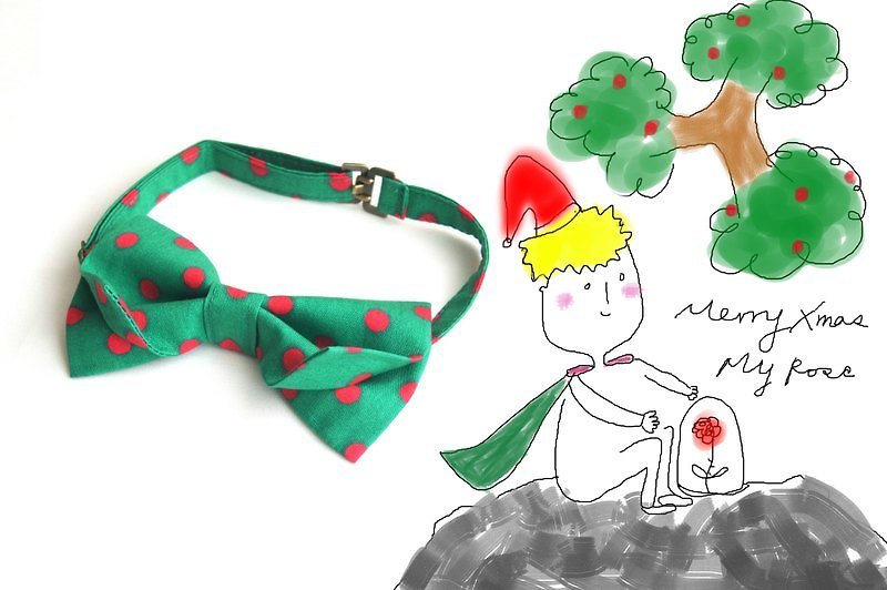 The little prince and his rose bow tie-Christmas special - เนคไท/ที่หนีบเนคไท - ผ้าฝ้าย/ผ้าลินิน สีเขียว