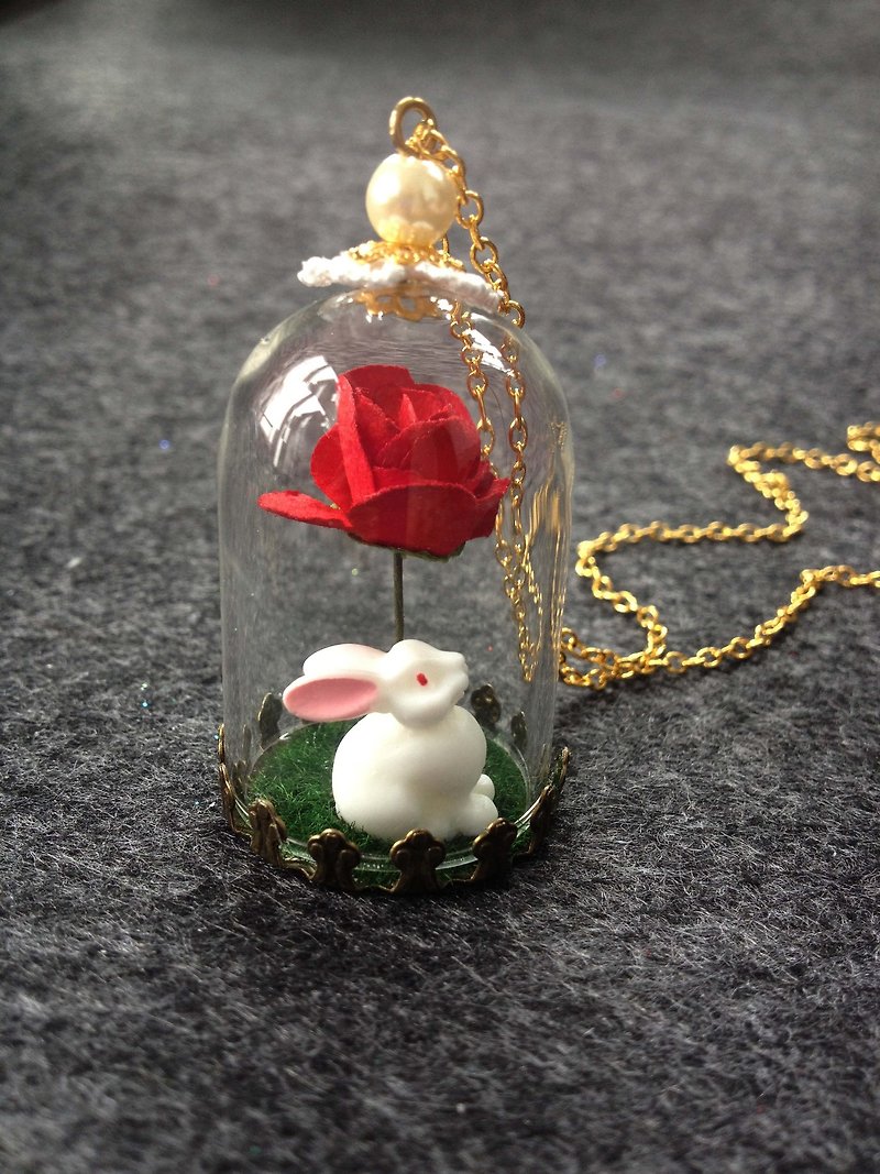 [imykaka] ♥ 森林Love & Peace 幸福 小兔子 玫瑰花玻璃球項鍊 - 項鍊 - 玻璃 紅色