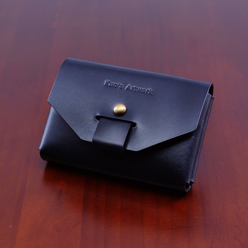 黑色植鞣革手縫個性雙層名片夾 - 名片夾/名片盒 - 真皮 黑色