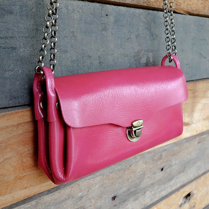 Handmade leather chain bag - Pink - Clutch Bags - Genuine Leather Red