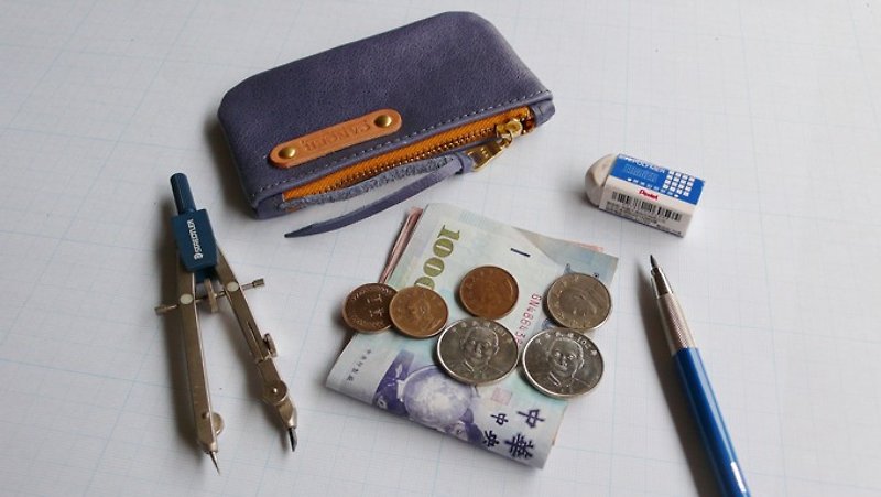 《CANCER流行實驗所》藍革口袋財布/錢包/零錢包(拉鍊/黃)限量一枚 - 零錢包/小錢包 - 真皮 藍色