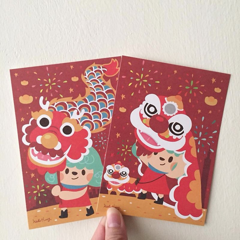 Dragon and lion dance group postcard - การ์ด/โปสการ์ด - กระดาษ สีแดง