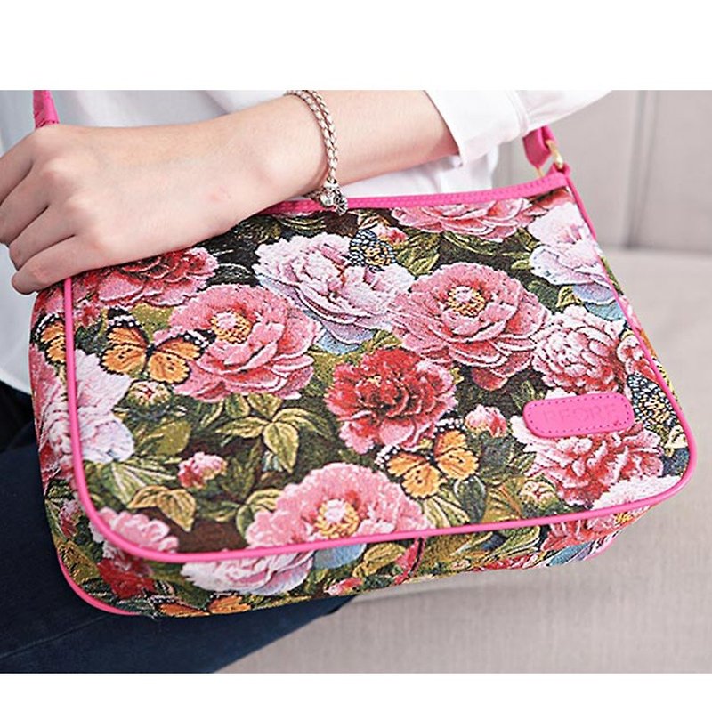 Casual large diagonal bag leather/cloth splash-proof horizontal woven jacquard vintage peony - Messenger Bags & Sling Bags - Other Materials Pink