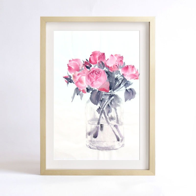 Ink original copy painting "Quiet as a mystery"-Bloom (rose)-Home decoration painting (copy painting) (without frame) - Posters - Paper Pink