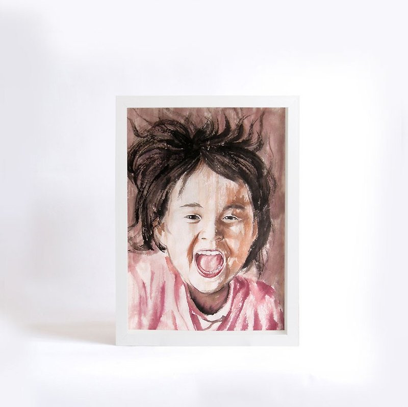 A4 Custom Portrait with Wood Frame, Child's Portrait, Children's Personalized Original Hand Drawn Portrait from Your Photo, OOAK watercolor Painting Ideas Gift - Customized Portraits - Paper 