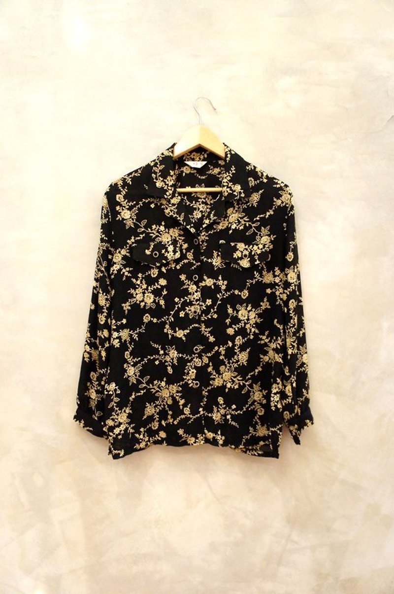 Junior black shirt buttoned white flowers and vintage chic - Women's Shirts - Other Materials Black