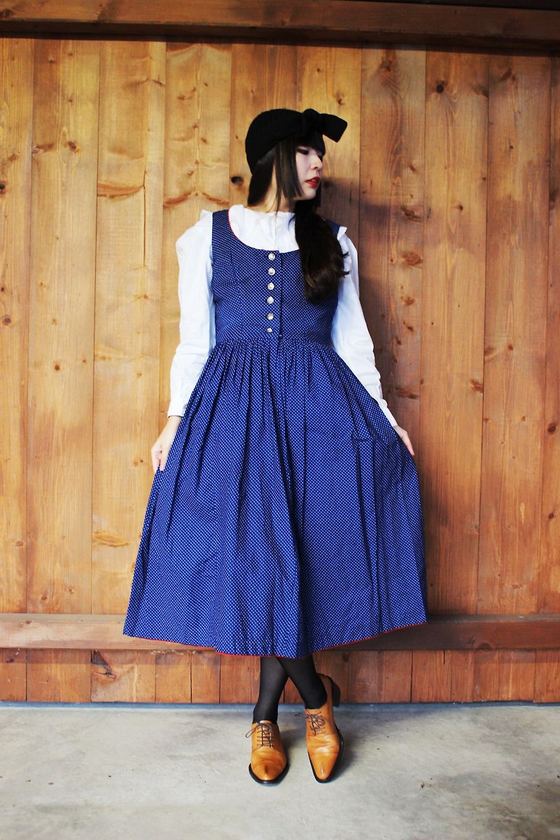F855 (Vintage) Dark blue delicate white dotted red piping cotton vest dress (Austrian traditional Dirndl) - One Piece Dresses - Other Materials Blue