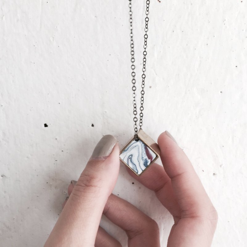 銅盒子大理石紋頸鏈 ∎ Copper Cube Marble Necklace ∎ Marble collection ∎ - 頸鏈 - 其他金屬 灰色