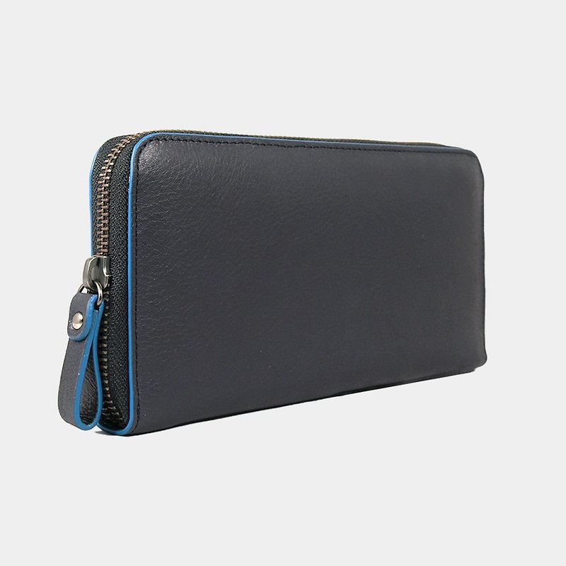Baimiao Leather Zip Wallet – Black Blue - Wallets - Genuine Leather Blue