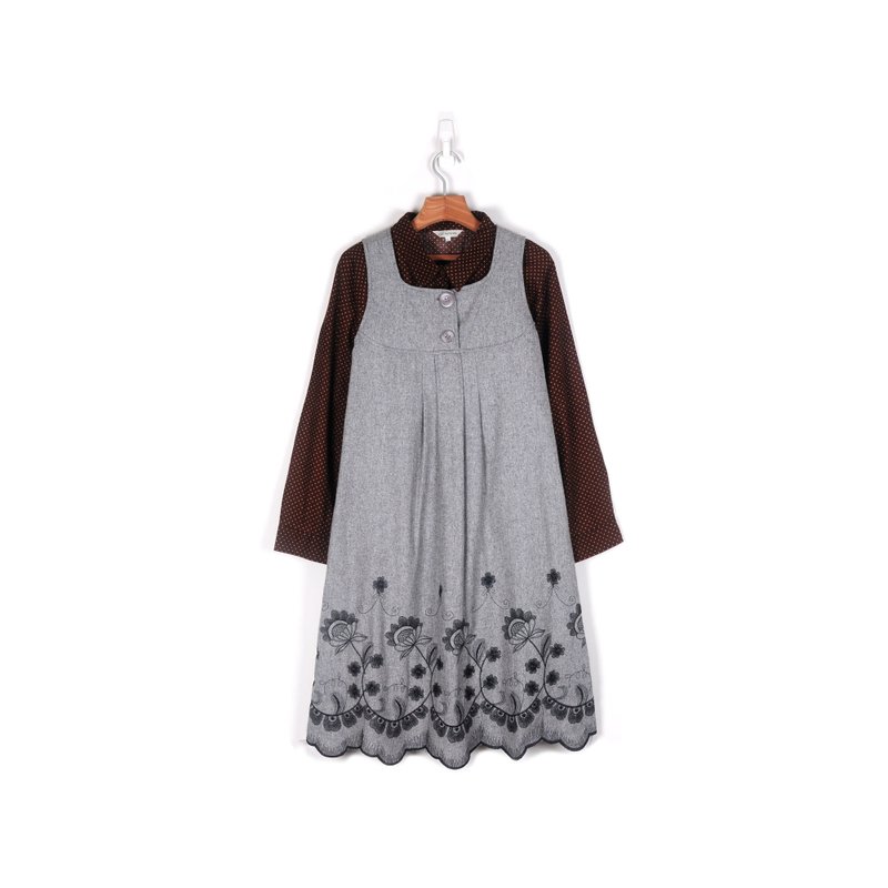 [Vintage] luminous egg plant flowers embroidered woolen vintage Dress - One Piece Dresses - Wool Gray