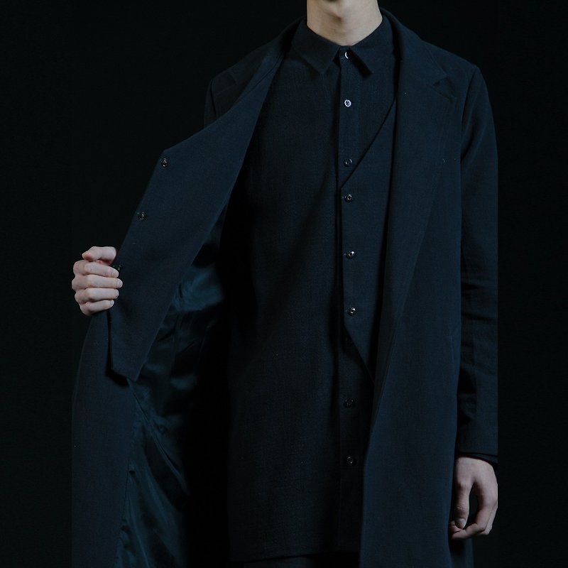 棉麻假兩件實驗室長袍 - 男夾克/外套 - 棉．麻 黑色