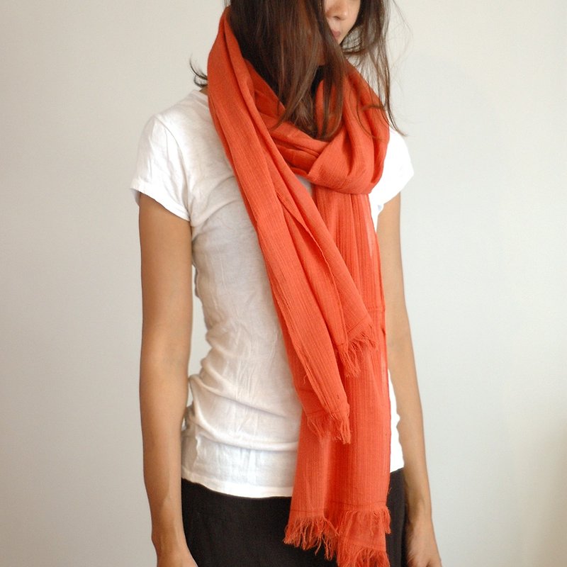 Cotton Monochrome Scarf - Orange - ผ้าพันคอถัก - ผ้าฝ้าย/ผ้าลินิน สีแดง