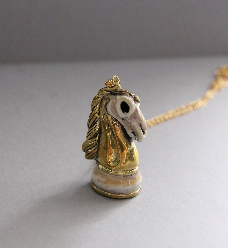 Horse Skeleton Knight Chess Hand-craft Painted Color and Golden Necklace / Pendant - Necklaces - Other Metals Gold