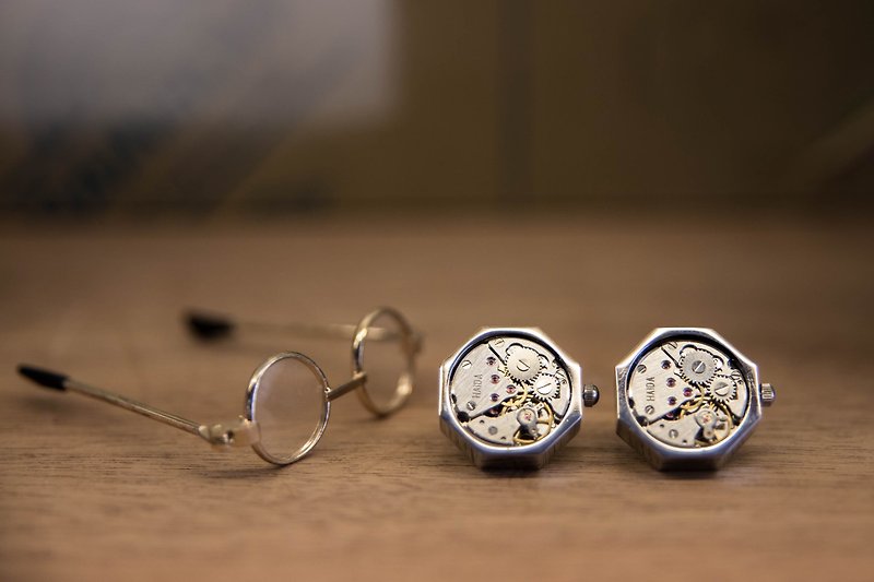 Mechanical Silver watch movement cufflinks-octagonal - กระดุมข้อมือ - โลหะ 