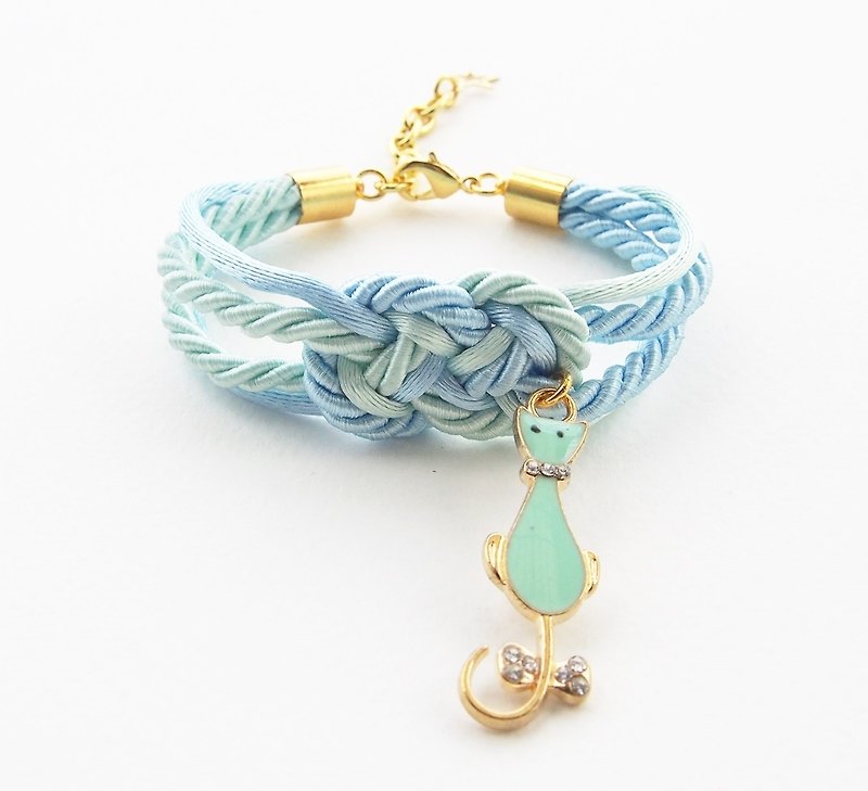 Blue and mint nautical bracelet with mint kitten charm. - 手鍊/手鐲 - 其他材質 藍色