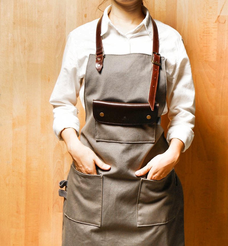 【icleaXbag】One-piece Workshop Apron (Waxed Leather Neck )  DG01 - Aprons - Genuine Leather Brown