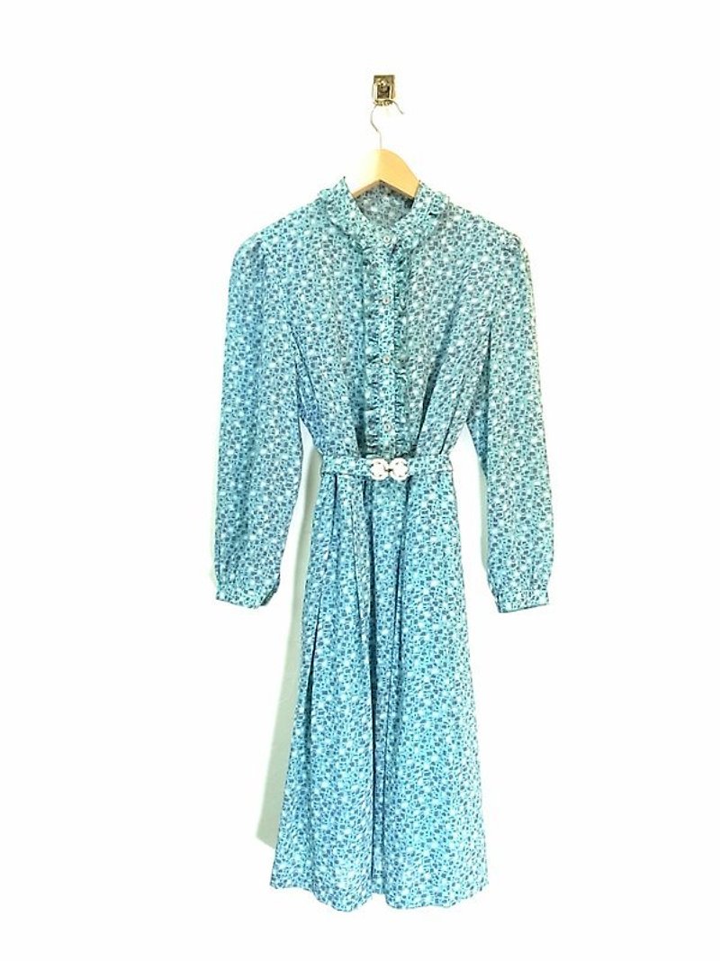 Light blue plaid Bai Guiguan waist buckle vintage dress PdB - One Piece Dresses - Other Materials Green