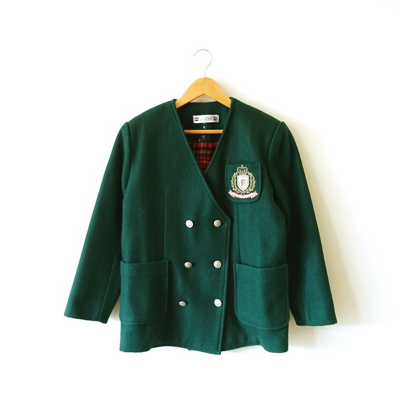 BajuTua / vintage / chrome green woolen suit coat College Wind - เสื้อแจ็คเก็ต - วัสดุอื่นๆ สีเขียว