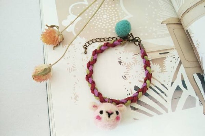 Cotton wok animal ornaments braided bracelet: sheep Taiwan made all handmade - Bracelets - Wool Pink